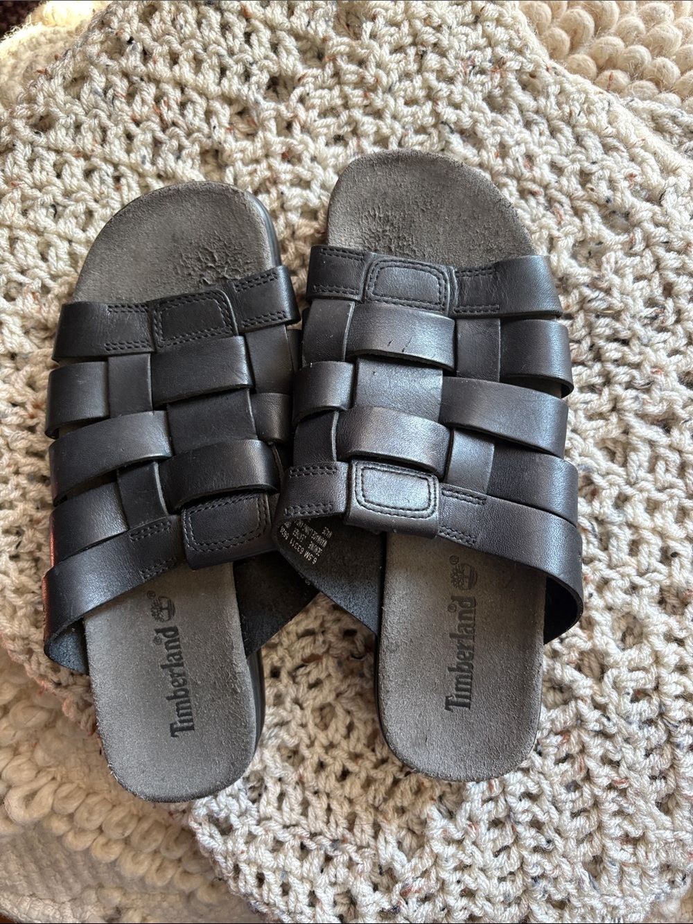 Timberland Womens Black Woven Leather Slide Sandals